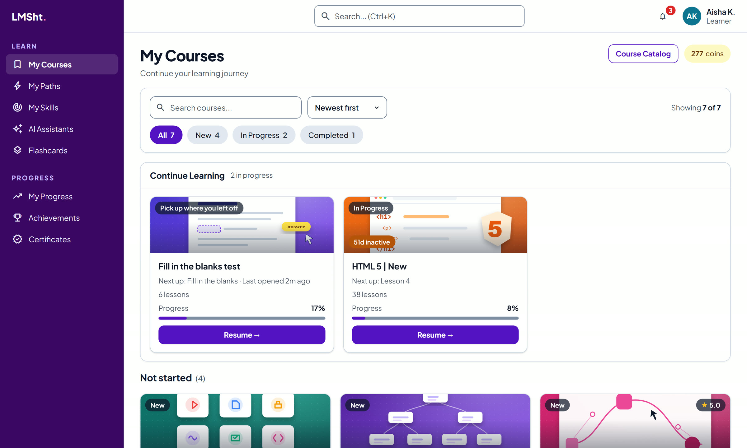 My Courses: continue learning with progress and resume buttons