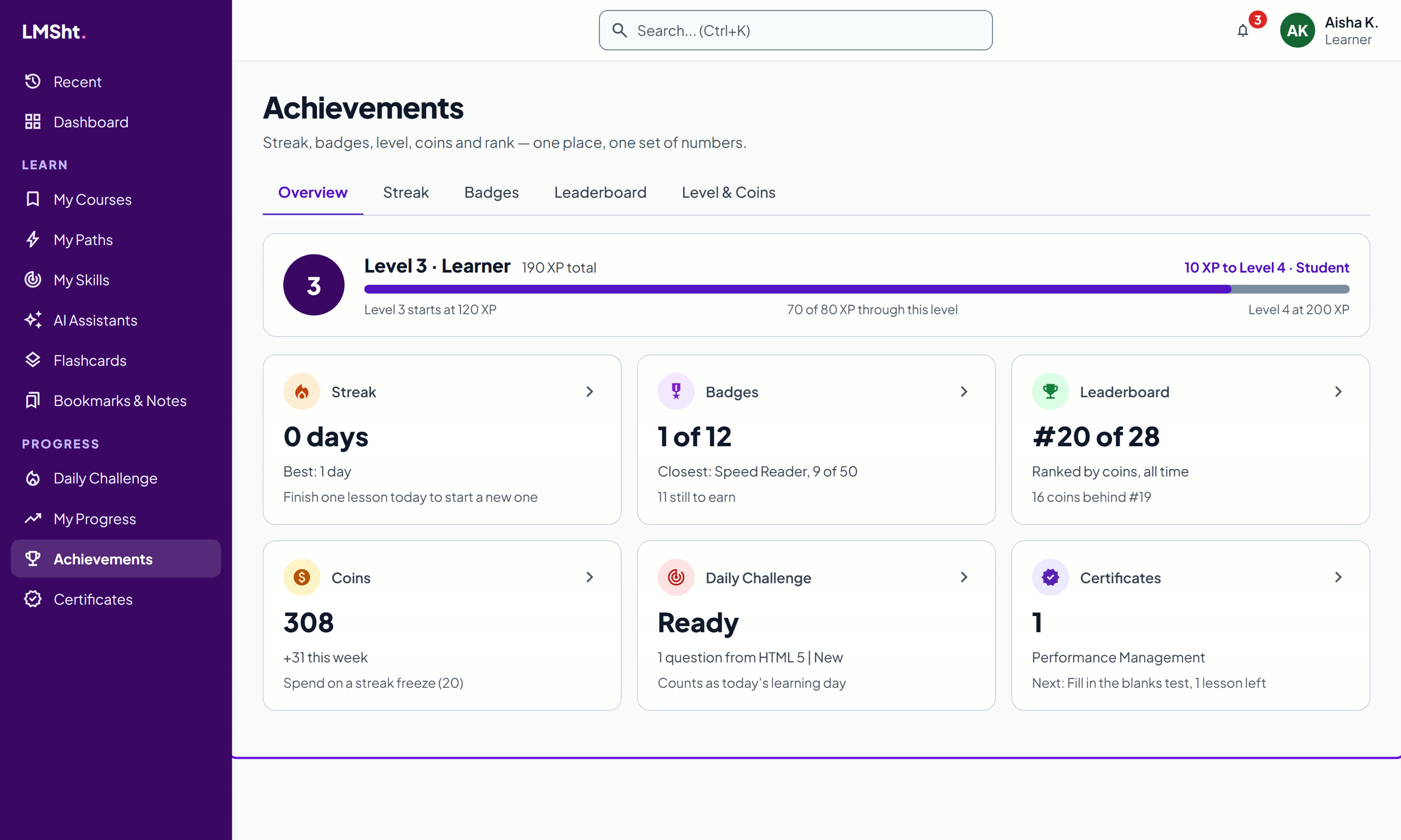 Achievements: level, streak, badges, leaderboard and coins