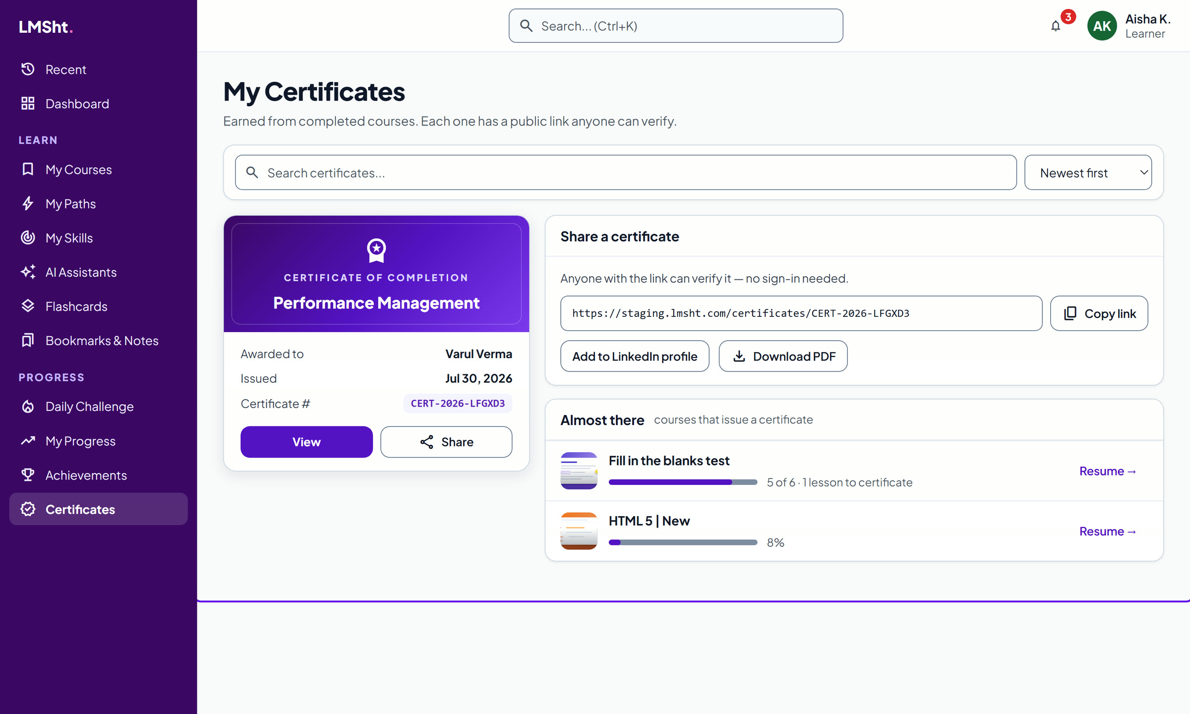 Certificates earned from completed courses