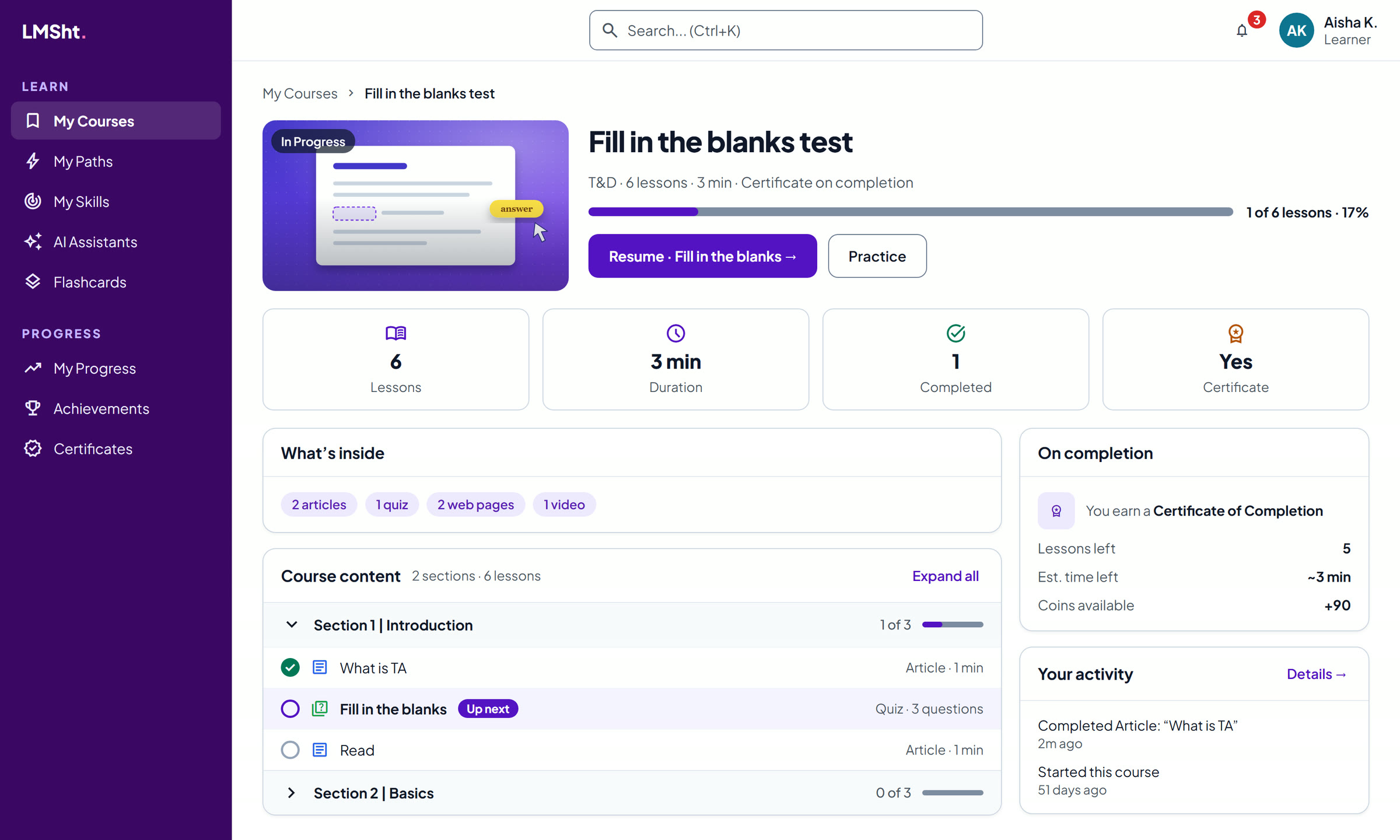 Course overview with progress and lessons
